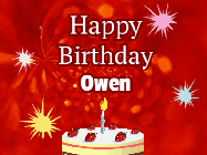 Happy Birthday Owen GIF: A bright red happy birthday gif animated with a cake candle, and glitter and sparkles. Customize with name.