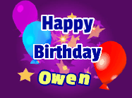 Happy Birthday Owen GIF: A lovely purple birthday gif animated with moving text, a balloon, and bubbles. Customize it.