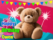 Happy Birthday Owen GIF: A cute birthday teddy bear animated birthday gif with the bear holding sparklers and text to customize.