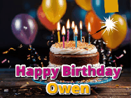 Happy Birthday Owen GIF: A birthday cake with flickering candles gif with text reading Happy Birthday and a Name slot to customize