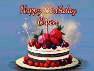 Happy Birthday Owen GIF: Animated GIF of a birthday cake covered in berries with 2 sparklers and a candle, reads Happy Birthday Name. Customize it.