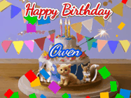 Happy Birthday Owen GIF: Happy Birthday Cake GIF with a cat, lamb, and squirrel on the cake with flickering candles, a sparkler, and falling confetti. Reads Happy Birthday Name and you can customize the name