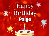 Happy Birthday Paige GIF: A bright red happy birthday gif animated with a cake candle, and glitter and sparkles. Customize with name.