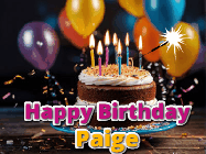 Happy Birthday Paige GIF: A birthday cake with flickering candles gif with text reading Happy Birthday and a Name slot to customize