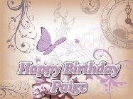 Happy Birthday Paige GIF: Classical birthday gif background with colorful musical notes floating past and a name you can customize, reads Happy Birthday.