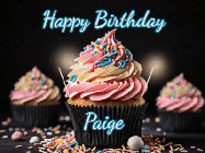 Happy Birthday Paige GIF: A delicious cupcake gif with animated sparkles reading Happy Birthday with a name to customize