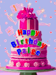 Happy Birthday Paige GIF: A big beautiful birthday cake gif with falling confetti, sparklers, and balloons, reads Happy Birthday Name. Customize it.
