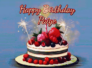Happy Birthday Paige GIF: Animated GIF of a birthday cake covered in berries with 2 sparklers and a candle, reads Happy Birthday Name. Customize it.