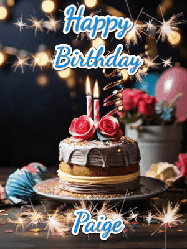 Happy Birthday Paige GIF: Sparkles and glitter happy birthday gif with a cake and flickering candles and sparklers behind the words happy birthday customize