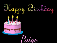 Happy Birthday Paige GIF: Animated birthday gif on a black background with gold confetti, a pink birthday cake, and 2 lines of text to customize.