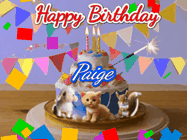 Happy Birthday Paige GIF: Happy Birthday Cake GIF with a cat, lamb, and squirrel on the cake with flickering candles, a sparkler, and falling confetti. Reads Happy Birthday Name and you can customize the name