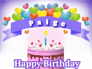 Happy Birthday Paige GIF: Hearts and stars animated birthday gif with a birthday and birthday banner text you can customize with name.