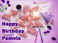 Happy Birthday Pamela GIF: A big paper sparkle highlights this animated birthday gif showing a birthday cake place setting with decorations.