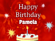 Happy Birthday Pamela GIF: A bright red happy birthday gif animated with a cake candle, and glitter and sparkles. Customize with name.