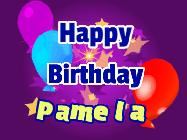 Happy Birthday Pamela GIF: A lovely purple birthday gif animated with moving text, a balloon, and bubbles. Customize it.