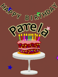 Happy Birthday Pamela GIF: Animated birthday gif of a chocolate cartoon cake and stars. Animated text can be customized with name.