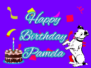 Happy Birthday Pamela GIF: Silly happy birthday gif with a cute dog in a corner and rainbow animation confetti. Birthday cake in order with candle.
