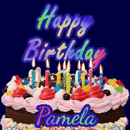 Happy Birthday Pamela GIF: A dark blue birthday gif with a beautiful cake with flickering candles, background sparkles and a name to customize.