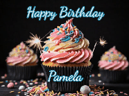 Happy Birthday Pamela GIF: A delicious cupcake gif with animated sparkles reading Happy Birthday with a name to customize