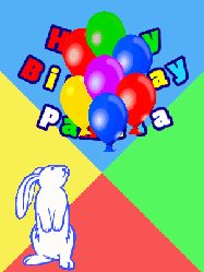 Happy Birthday Pamela GIF: Birthday gif animated with a cute bunny rabbit curious about some birthday balloon that float up revealing birthday wish.