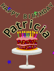 Happy Birthday Patricia GIF: Animated birthday gif of a chocolate cartoon cake and stars. Animated text can be customized with name.