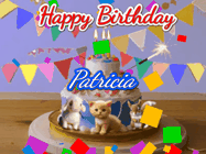 Happy Birthday Patricia GIF: Happy Birthday Cake GIF with a cat, lamb, and squirrel on the cake with flickering candles, a sparkler, and falling confetti. Reads Happy Birthday Name and you can customize the name