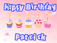 Happy Birthday Patrick GIF: Pink animated birthday gif with 5 cupcakes and candles and animated text you can customize with name.