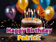 Happy Birthday Patrick GIF: A birthday cake with flickering candles gif with text reading Happy Birthday and a Name slot to customize