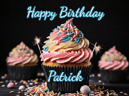 Happy Birthday Patrick GIF: A delicious cupcake gif with animated sparkles reading Happy Birthday with a name to customize