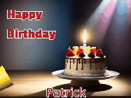 Happy Birthday Patrick GIF: A funny animated happy birthday gif where a horn blows confetti and cake candles ignite some of the confetti that falls.