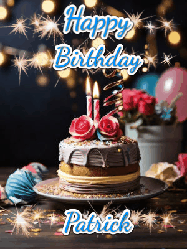 Happy Birthday Patrick GIF: Sparkles and glitter happy birthday gif with a cake and flickering candles and sparklers behind the words happy birthday customize