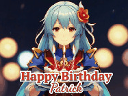 Happy Birthday Patrick GIF: Anime girl holding a birthday cake and an animated sword falls into it. Text reads Happy Birthday Customize