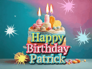 Happy Birthday Patrick GIF: A colorful animated Happy Birthday Cake GIF with swirling sparkles and flickering candles. It reads Happy Birthday Name