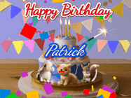 Happy Birthday Patrick GIF: Happy Birthday Cake GIF with a cat, lamb, and squirrel on the cake with flickering candles, a sparkler, and falling confetti. Reads Happy Birthday Name and you can customize the name
