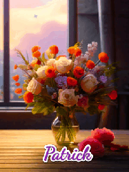 Happy Birthday Patrick GIF: A vase of flowers and animated hearts pop in and out as the words Happy Birthday Name appears that you can customize