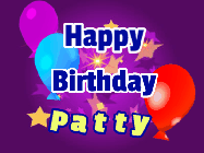 Happy Birthday Patty GIF: A lovely purple birthday gif animated with moving text, a balloon, and bubbles. Customize it.