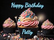 Happy Birthday Patty GIF: A delicious cupcake gif with animated sparkles reading Happy Birthday with a name to customize