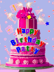 Happy Birthday Patty GIF: A big beautiful birthday cake gif with falling confetti, sparklers, and balloons, reads Happy Birthday Name. Customize it.