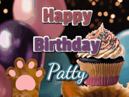 Happy Birthday Patty GIF: Cute Kitten Birthday Cupcake GIF with a cupcake raised by a cats head, then it pulls down text reading Happy Birthday Name