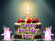 Happy Birthday Patty GIF: An animated gif with 2 unicorns and a birthday candle on a cake.