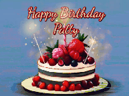 Happy Birthday Patty GIF: Animated GIF of a birthday cake covered in berries with 2 sparklers and a candle, reads Happy Birthday Name. Customize it.