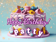 Happy Birthday Patty GIF: A beautiful birthday cake gif with animated sparkles and glitter Happy Birthday Name you can customize