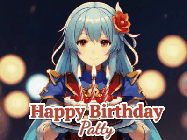 Happy Birthday Patty GIF: Anime girl holding a birthday cake and an animated sword falls into it. Text reads Happy Birthday Customize
