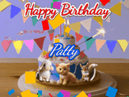 Happy Birthday Patty GIF: Happy Birthday Cake GIF with a cat, lamb, and squirrel on the cake with flickering candles, a sparkler, and falling confetti. Reads Happy Birthday Name and you can customize the name