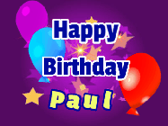 Happy Birthday Paul GIF: A lovely purple birthday gif animated with moving text, a balloon, and bubbles. Customize it.