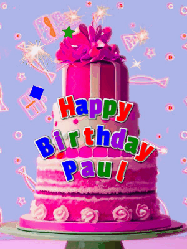 Happy Birthday Paul GIF: A big beautiful birthday cake gif with falling confetti, sparklers, and balloons, reads Happy Birthday Name. Customize it.