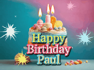 Happy Birthday Paul GIF: A colorful animated Happy Birthday Cake GIF with swirling sparkles and flickering candles. It reads Happy Birthday Name