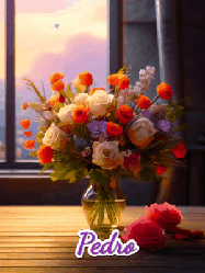 Happy Birthday Pedro GIF: A vase of flowers and animated hearts pop in and out as the words Happy Birthday Name appears that you can customize