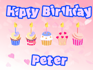 Happy Birthday Peter GIF: Pink animated birthday gif with 5 cupcakes and candles and animated text you can customize with name.