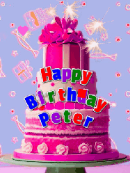 Happy Birthday Peter GIF: A big beautiful birthday cake gif with falling confetti, sparklers, and balloons, reads Happy Birthday Name. Customize it.